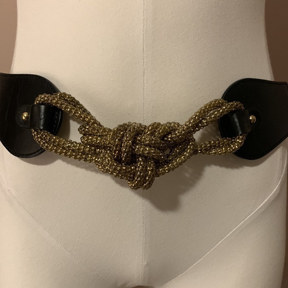 Vintage Beaded Belt Black Leather & Gold Hardware elastic-sz S